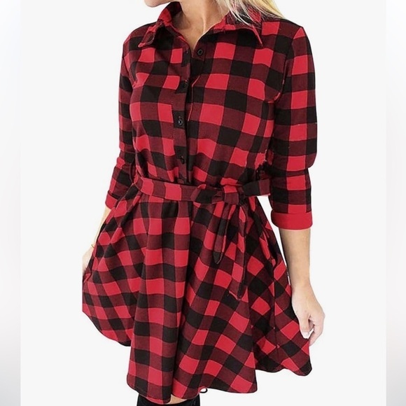 Fancyinn Dresses & Skirts - FANCYINN Women Long Sleeve Buffalo Plaid Pattern Casual Dress with belt